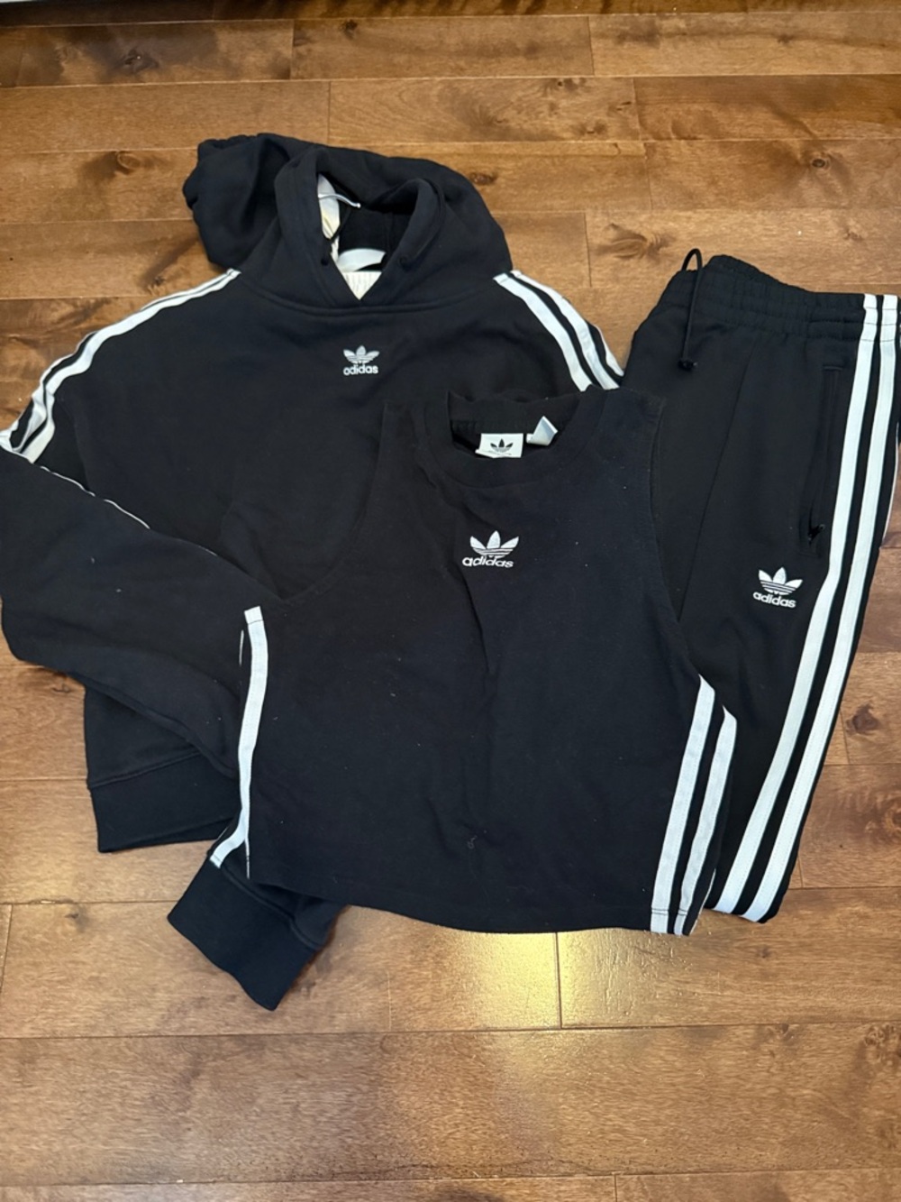adidas Black 3-Stripe Hoodie, Tank & Joggers Set